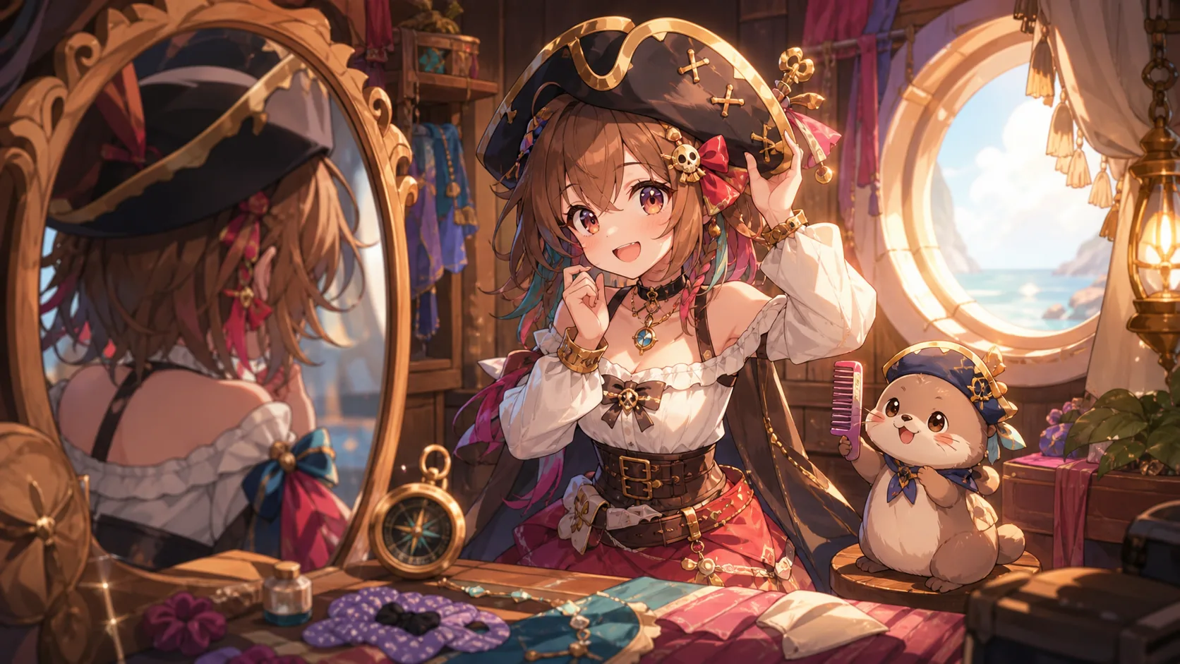船室で海賊風の衣装を考えるオリジナルキャラクターのイメージ