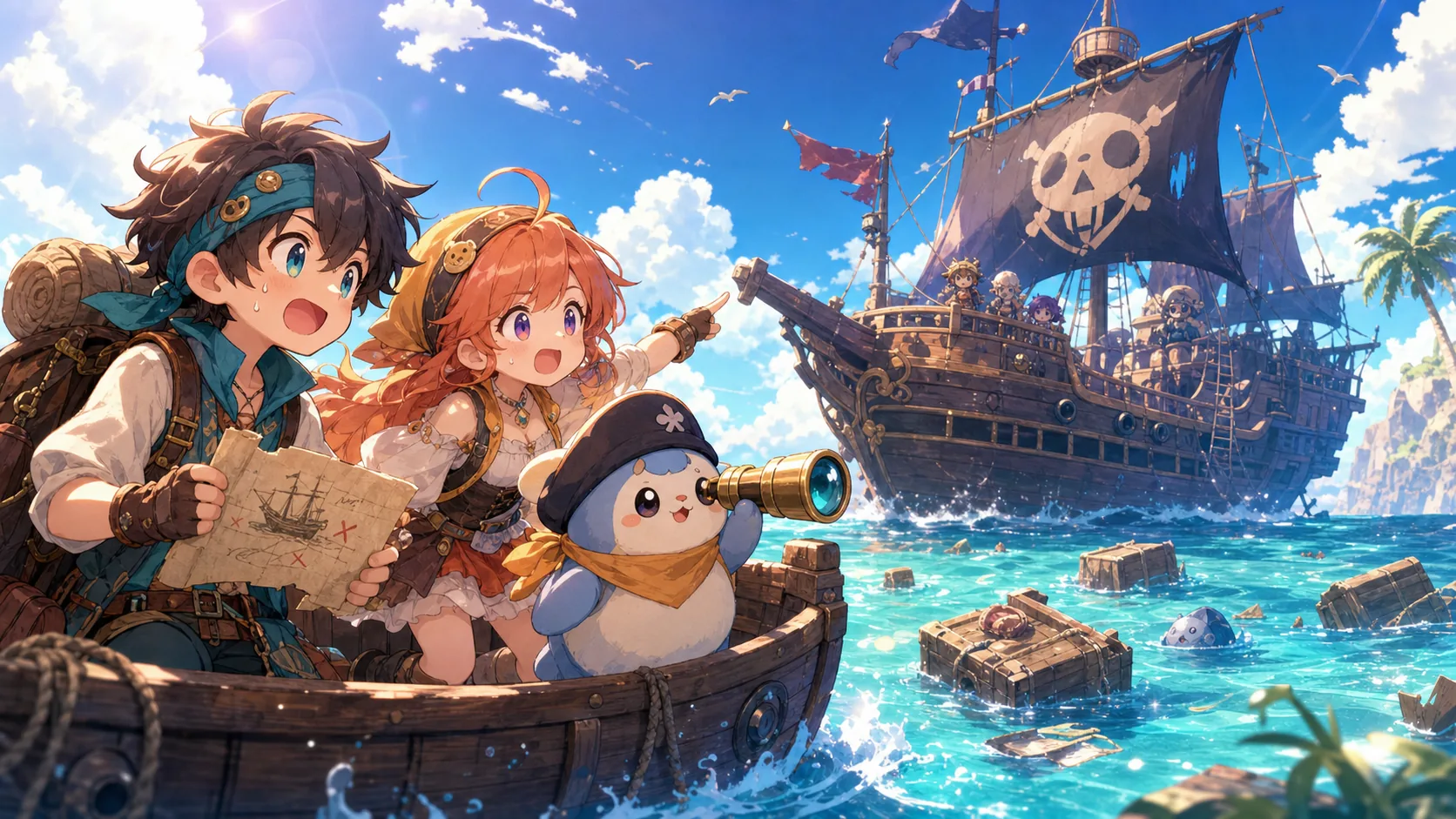 小舟で大きな船へ近づくオリジナルキャラクターたちのイメージ