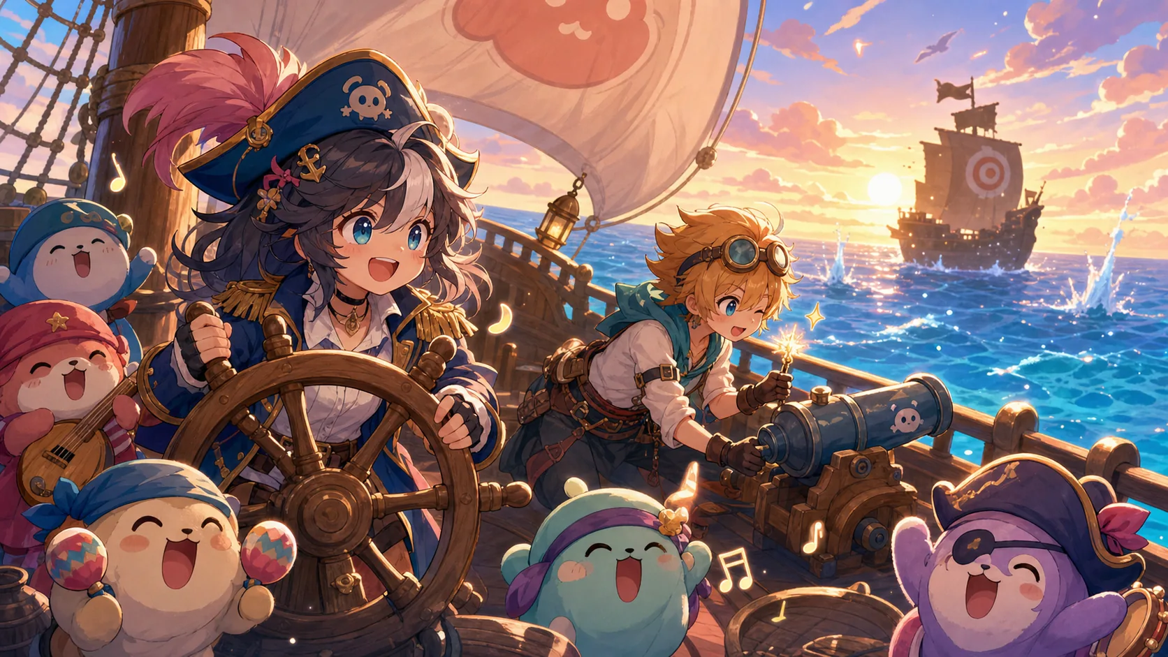 夕暮れの海で船を操り砲撃戦に挑むオリジナルキャラクターたちのイメージ