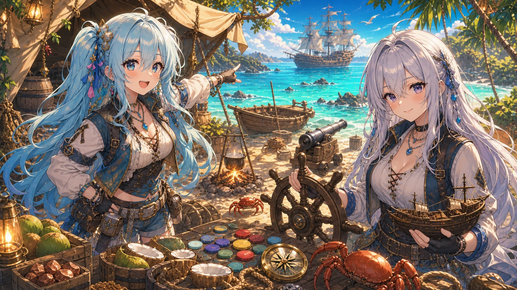 島の拠点から船へ向かう準備をするオリジナルキャラクターたちのイメージ
