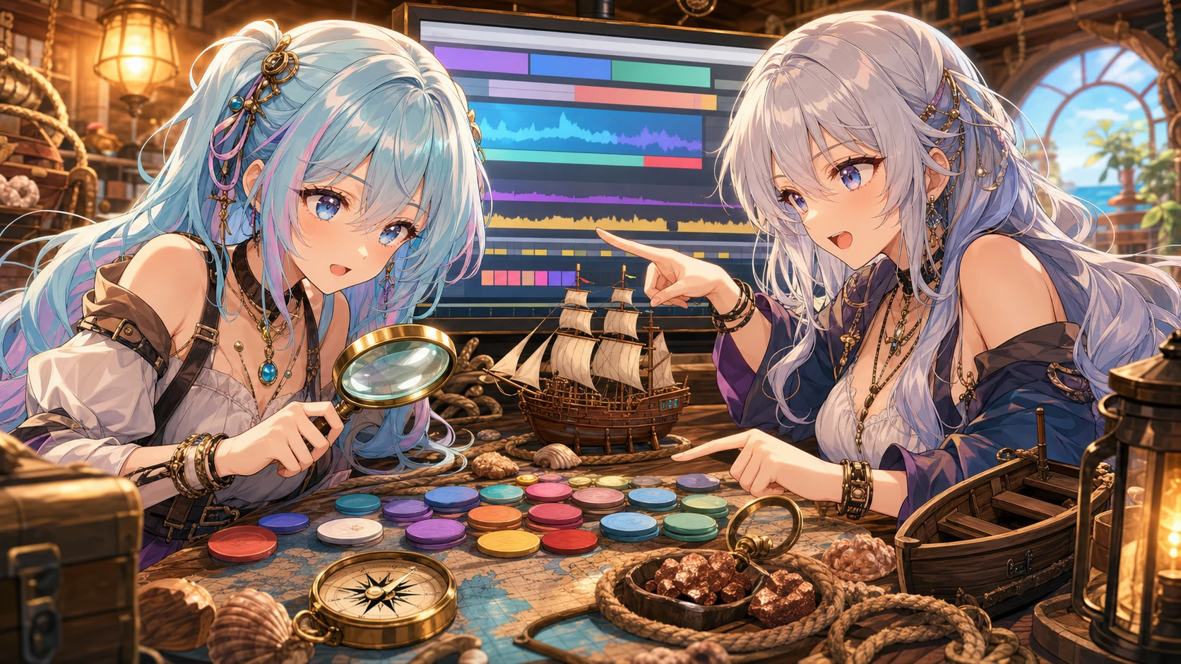 配信の確認元を色分けした小物で整理するオリジナルキャラクターたちのイメージ
