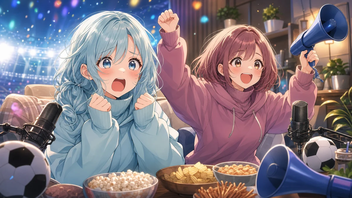 明るいリビング風の観戦スペースでサッカーボールとスコアボード風のライトを前に歓声を上げる女性キャラクターたちのイメージ