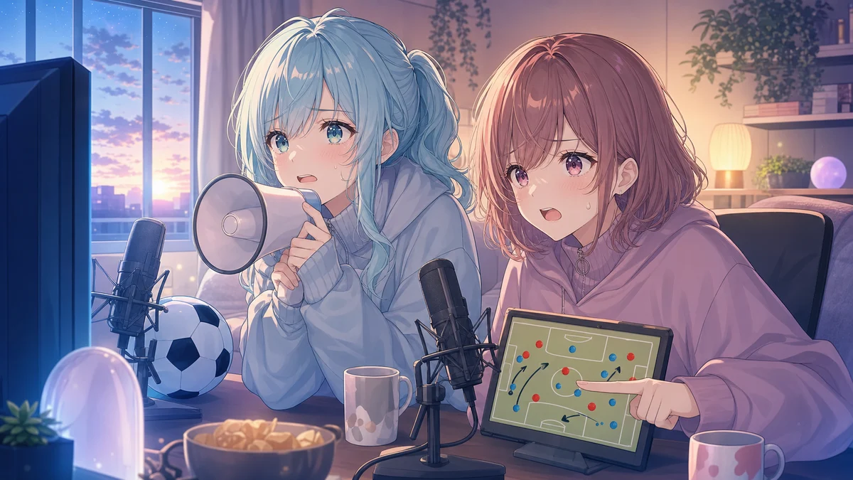 夜明け前の観戦部屋で小さな旗と戦術メモを握りしめて画面を見守る女性キャラクターたちのイメージ