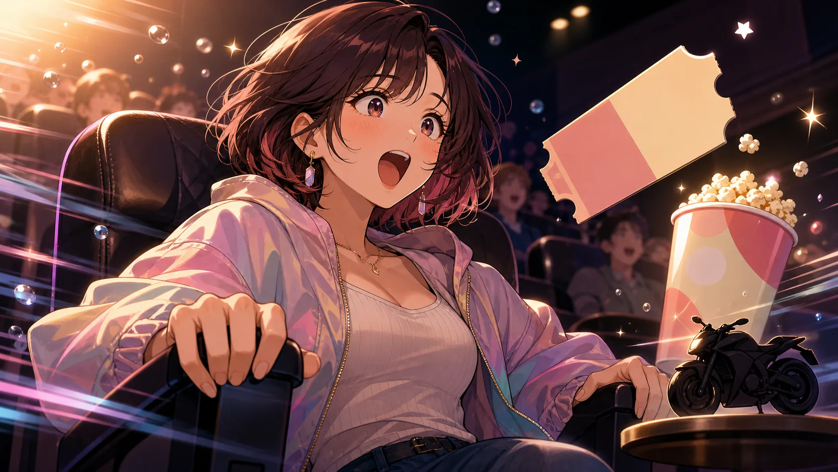 夜の映画館で4DX座席の揺れに驚きながらチケットとポップコーンを持つオリジナルキャラクターのイメージ