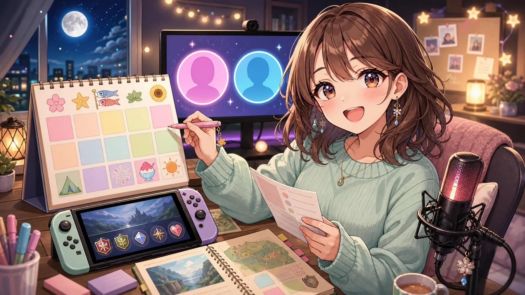 カレンダー、ゲーム機、深夜の配信机を前にGW予定を整理するオリジナルキャラクターのイメージ