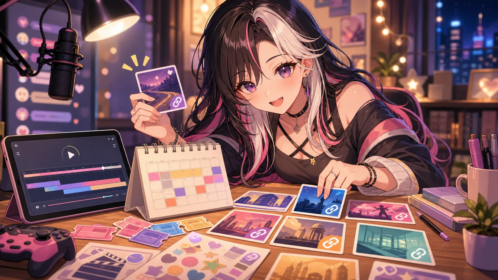 配信アーカイブ、公式リンク、カレンダー、関連動画カードを明るい机に並べて確認するオリジナルキャラクターのイメージ