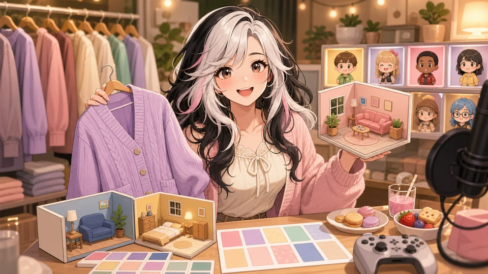明るい部屋で服と部屋模型を見比べる成人風オリジナルキャラクターのイメージ