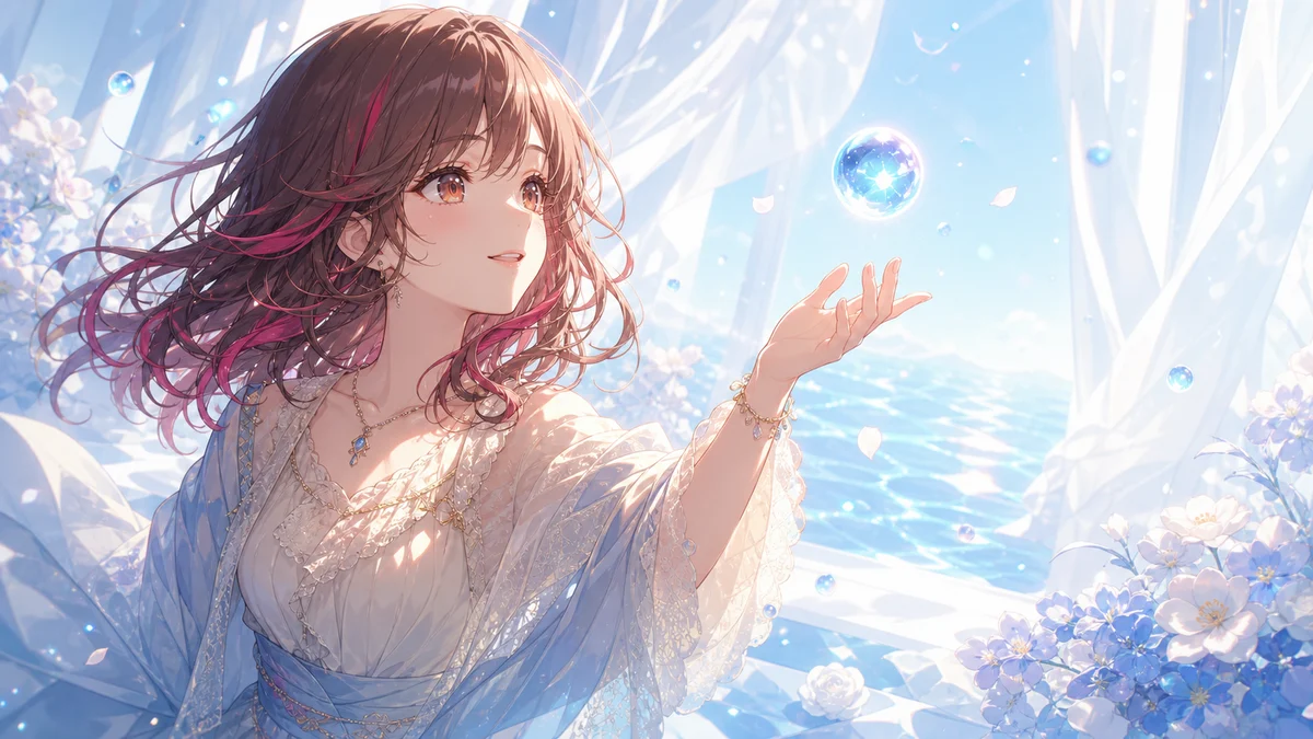 青い光と水の反射で始まるMVを見つめるオリジナル女性キャラクターのイメージ