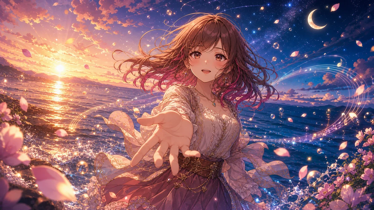 朝の光と夜空、海と花びらが重なるMV世界を表すオリジナル女性キャラクターのイメージ