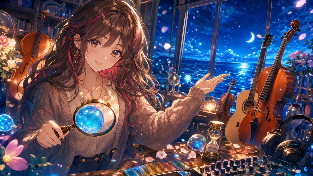 青い海と星の光、弦楽器と音響機材を虫眼鏡で見直すオリジナル女性キャラクターのイメージ