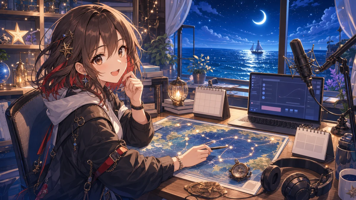 航海図と投票期間を示すカレンダーを囲んで音楽制作を確認するオリジナル女性キャラクターのイメージ