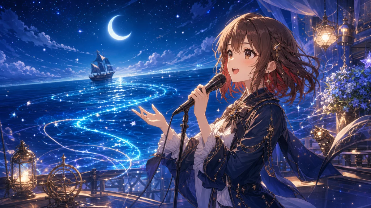 月夜の海と帆船を背景にマイクを持つオリジナル女性キャラクターのイメージ