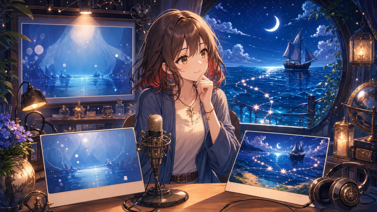 青い光のMV資料と航海をテーマにした新曲資料を並べて見比べるオリジナル女性キャラクターのイメージ