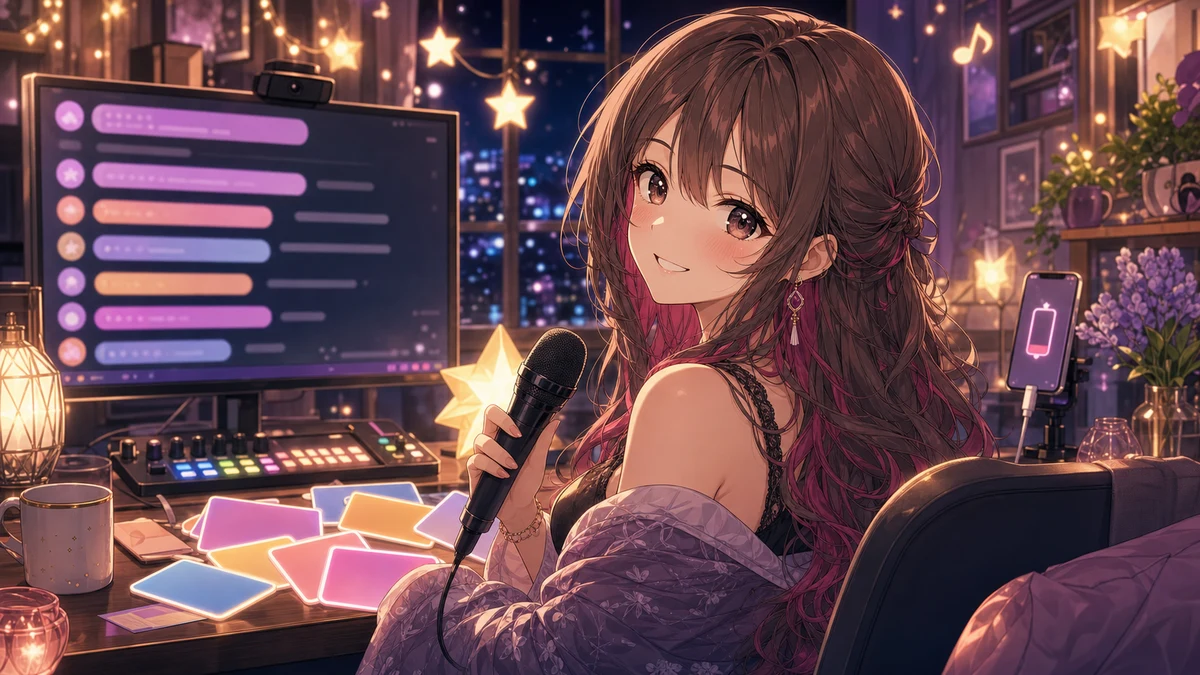 夜の配信画面を背景にマイクとリクエストカードを片付ける女性キャラクターのイメージ