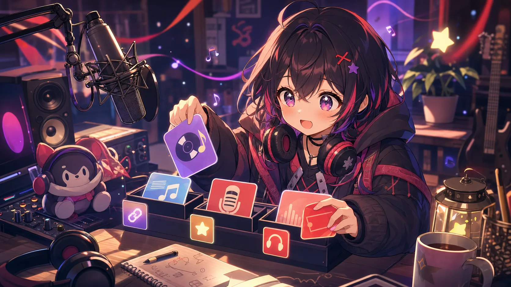 カバー動画の公式リンクと制作クレジットを明るい机で整理するオリジナルキャラクターのイメージ
