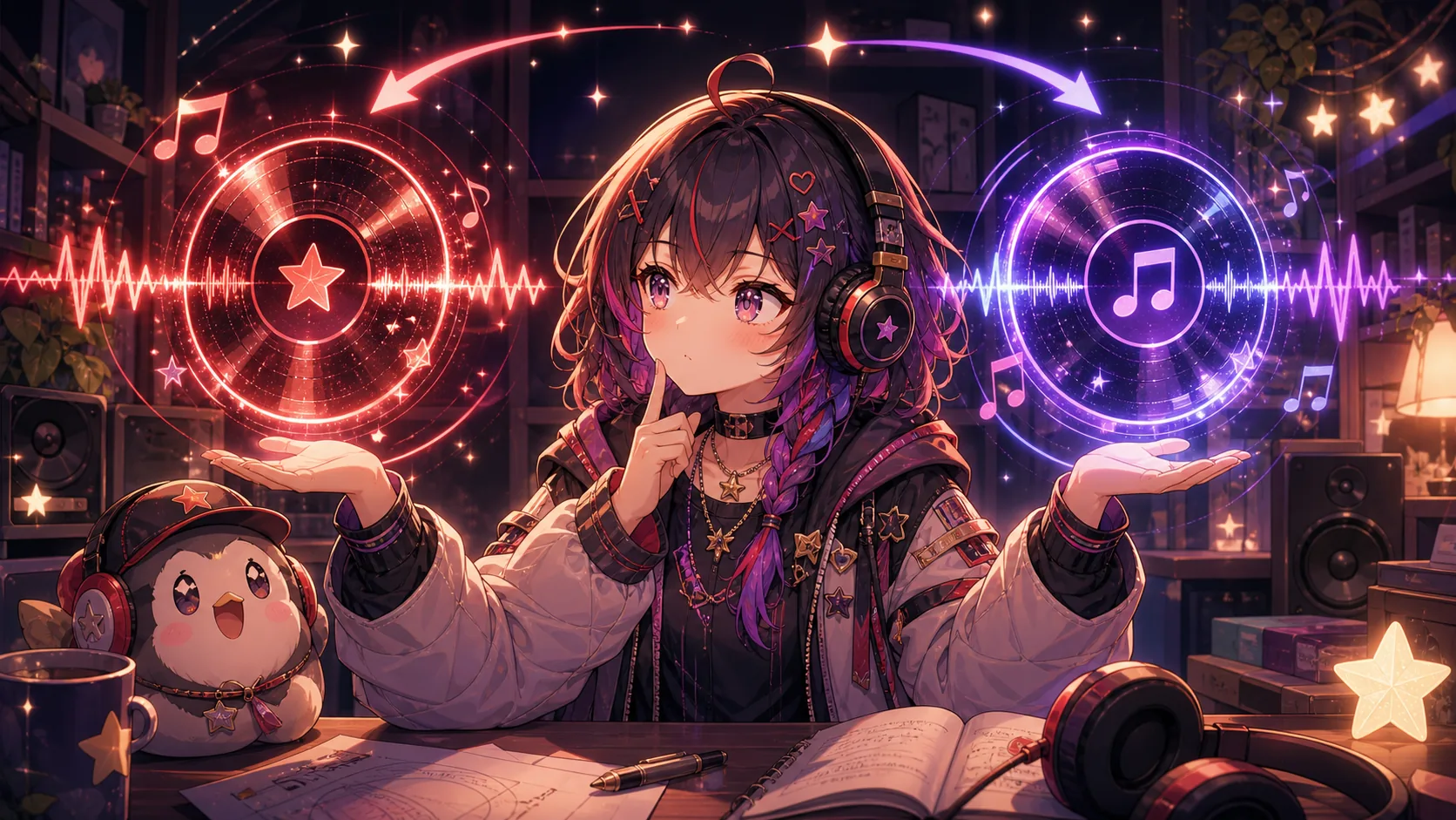 星空のステージで二つの音源を聴き比べるオリジナルキャラクターと小さなマスコットのイメージ