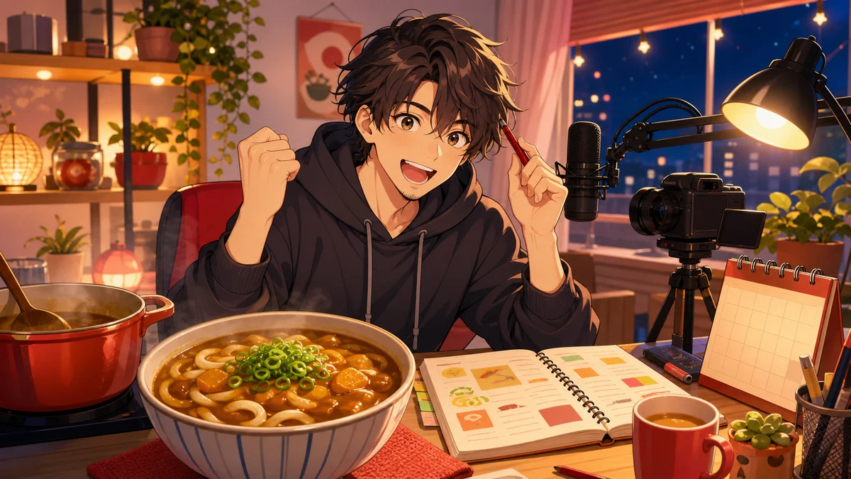 配信部屋の机にカレーうどんの器と撮影メモを並べる男性キャラクターのイメージ