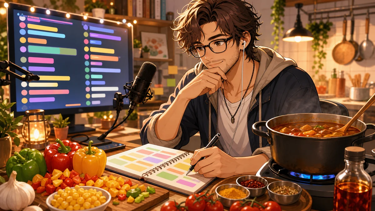 コメントが光る配信画面の前でカレー鍋と具材メモを眺める男性キャラクターのイメージ