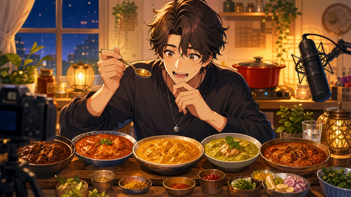 夜の配信机でカレンダーと複数のカレー皿を前に計画を確認する男性キャラクターのイメージ