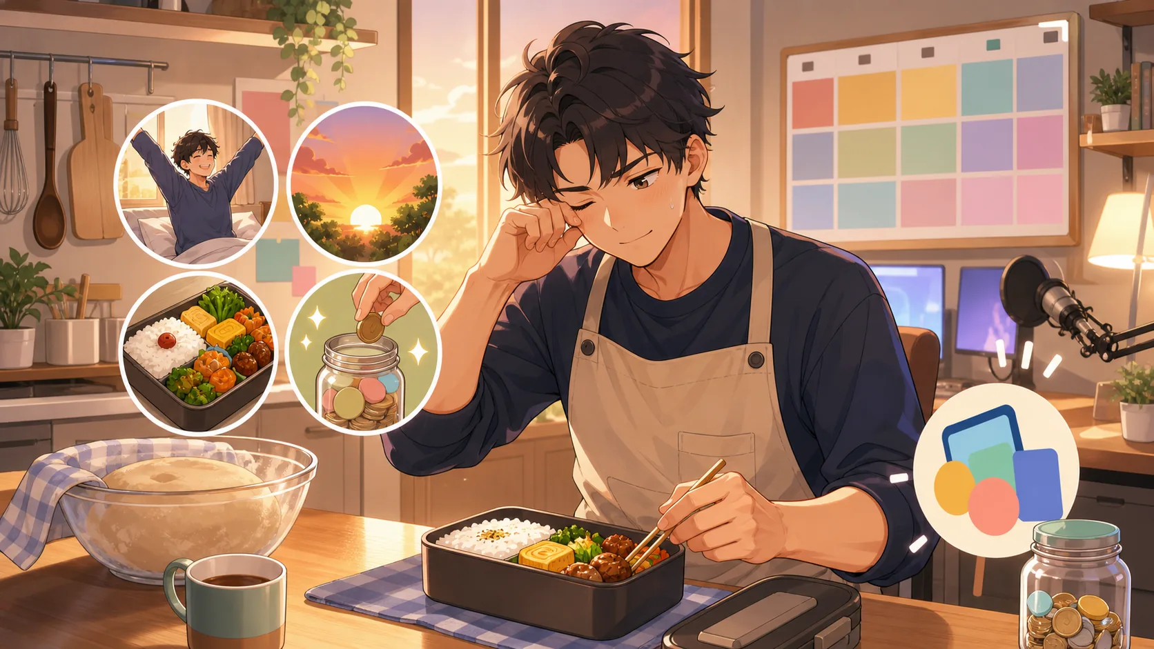 早起きと弁当作りを準備するオリジナル男性キャラクター