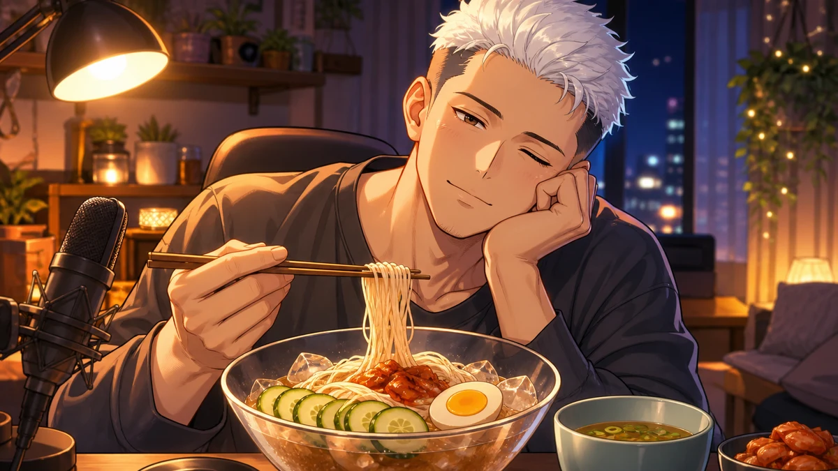 配信部屋の机に冷たい麺料理と湯気の立つ小鉢を置き、眠そうに笑う男性キャラクターのイメージ