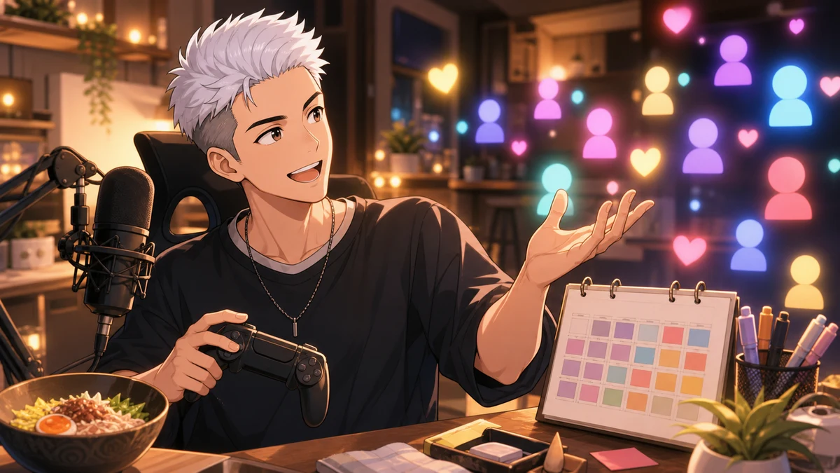 配信スケジュールのメモとゲームコントローラーを前に、コメントを読む男性キャラクターのイメージ