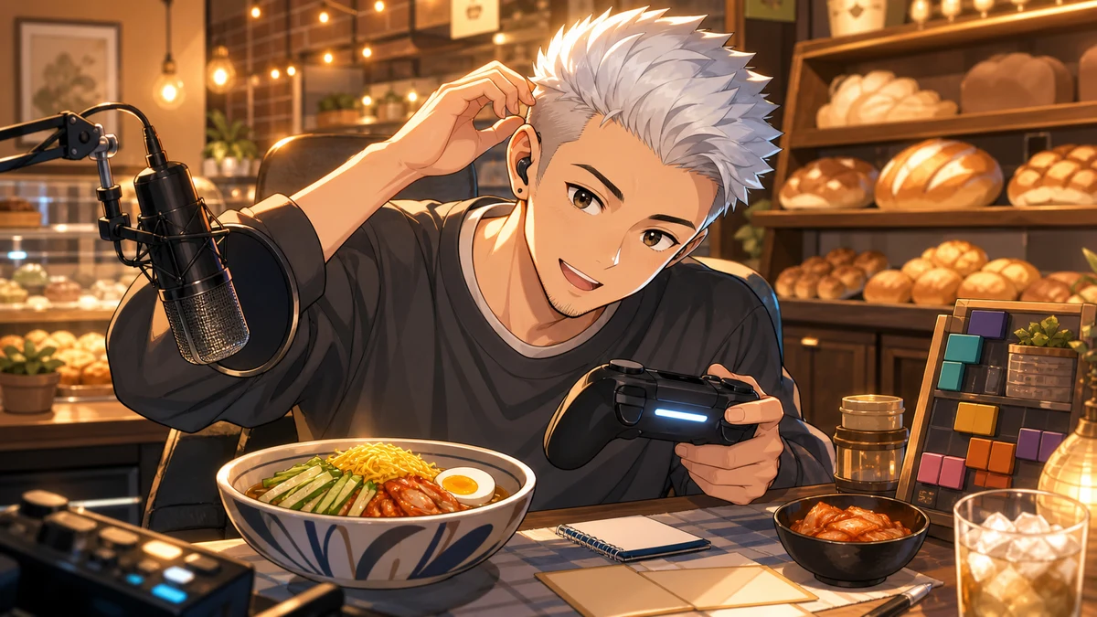 パン屋風の背景を調整しながら、机上の料理メモとゲーム風アイコンを眺める男性キャラクターのイメージ