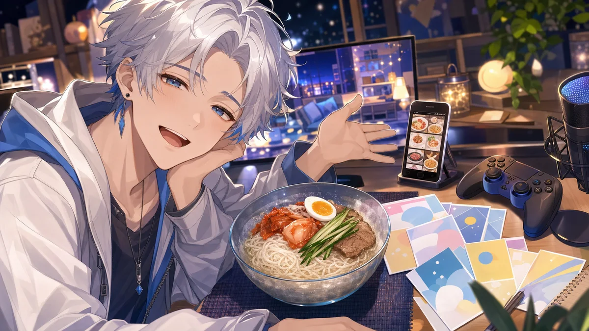 夜の配信机に冷たい麺料理、料理写真用のスマートフォン、ゲームコントローラー、背景メモを並べて振り返る男性キャラクターのイメージ
