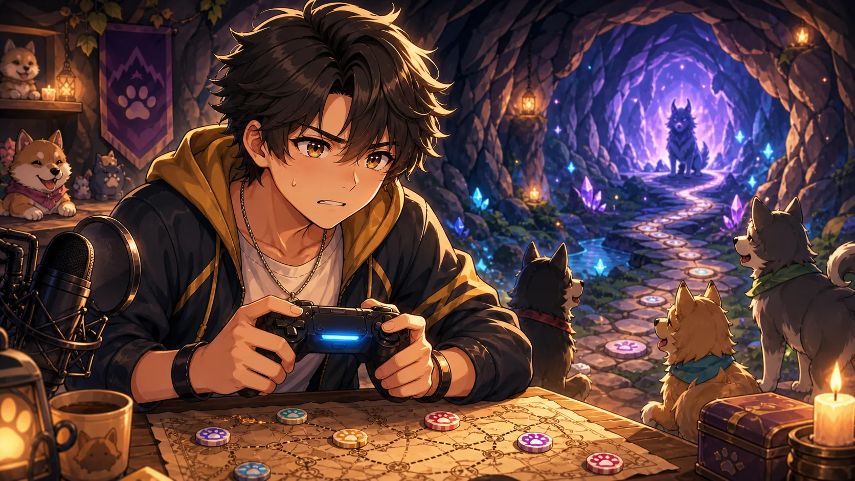 洞窟前でゲームコントローラーを握り再戦準備をするオリジナル男性キャラクターのイメージ