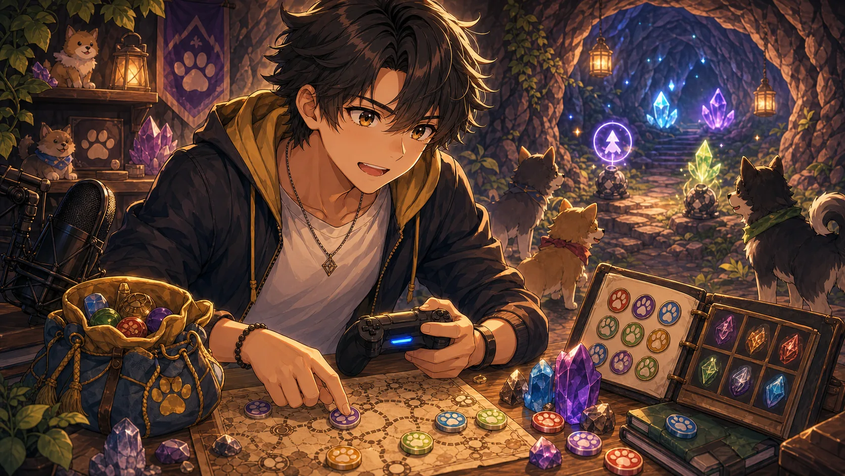 配信机で持ち物ポーチと光る訓練トークンを並べ、作戦を練るオリジナル男性キャラクターのイメージ