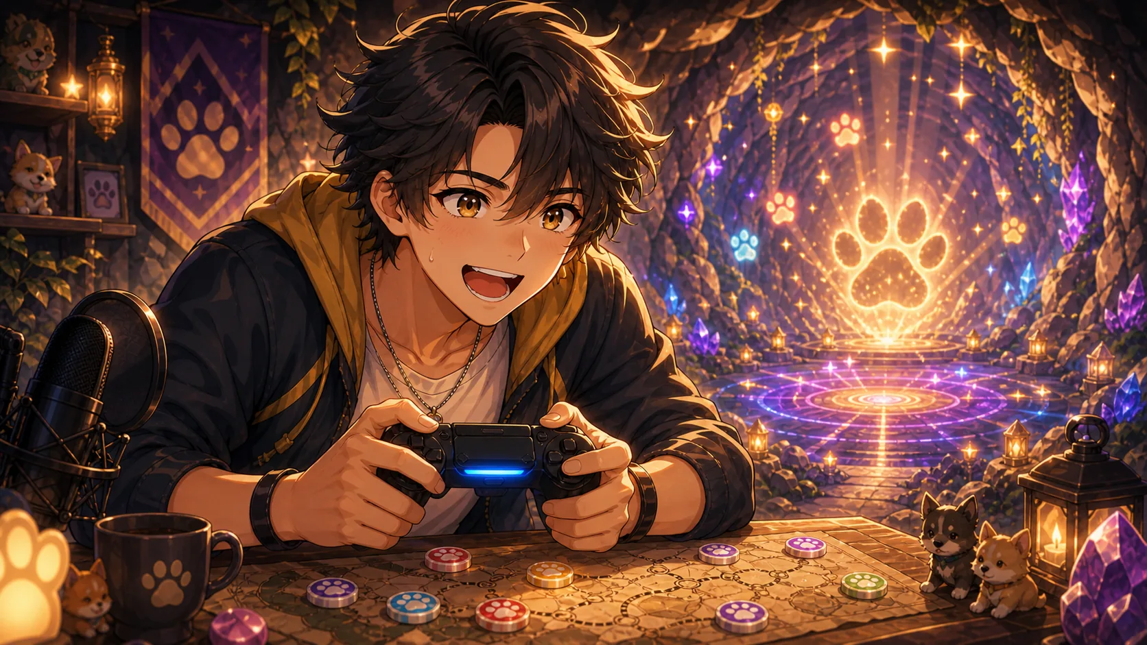 明るいバトルステージ風の広場で、男性配信者風のオリジナルキャラクターが小さな犬モチーフの相棒たちと勝負の瞬間を見守るイメージ