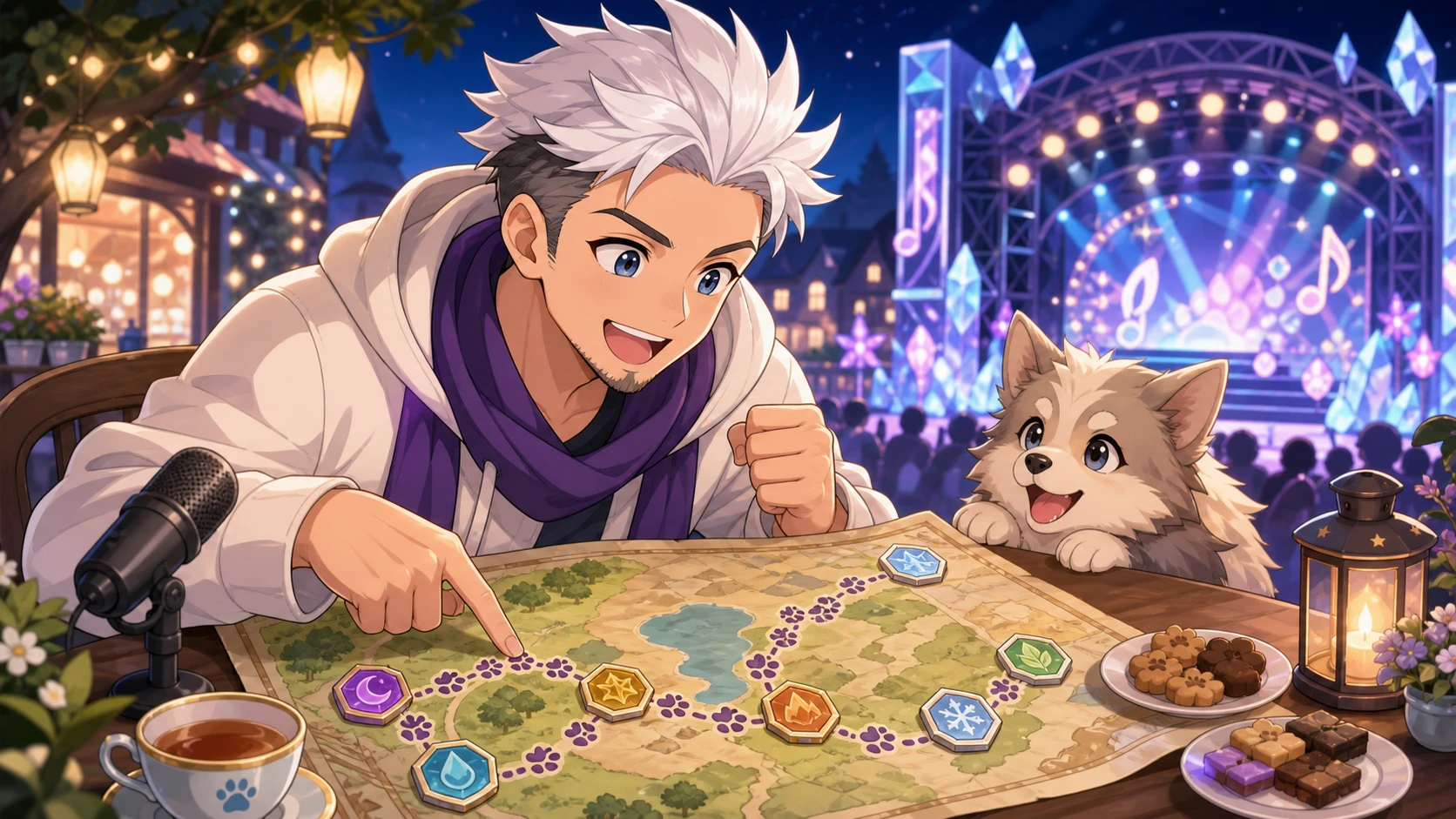 ライブ会場風のステージを背に地図とバッジを見比べる銀髪の男性キャラクター