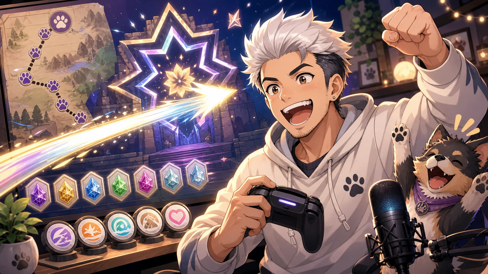 星形のゲートへ伸びる光の軌跡を前に喜ぶ銀髪の男性キャラクター