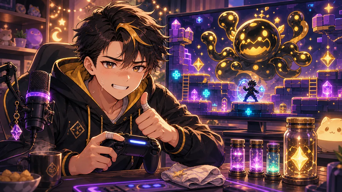抽象的な黒と黄色のボスを前に、指を休めながらコントローラーを握る男性オリジナルキャラクターのイメージ