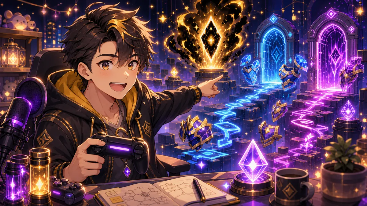黒ゼロ解放後に二つのルートメモを見比べる配信机の男性オリジナルキャラクターイメージ