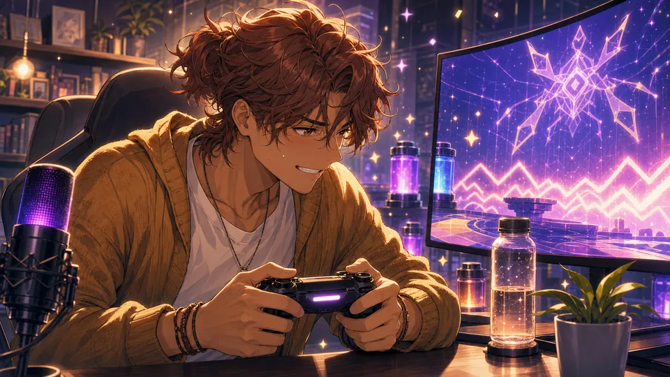 サブタンクとリトライの光を前に粘るオリジナル男性キャラクターのイメージ