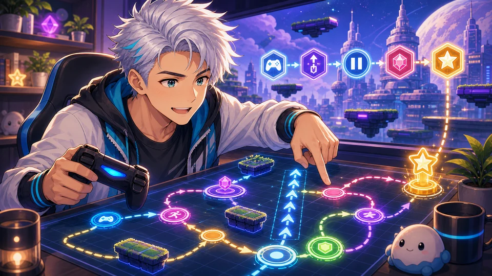 銀白髪の男性キャラクターが配信の流れを示す光るルートボードを指しているイラスト