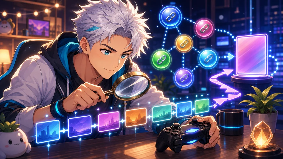 銀白髪の男性キャラクターが虫眼鏡で光るタイムラインとリンクの形を確認しているイラスト