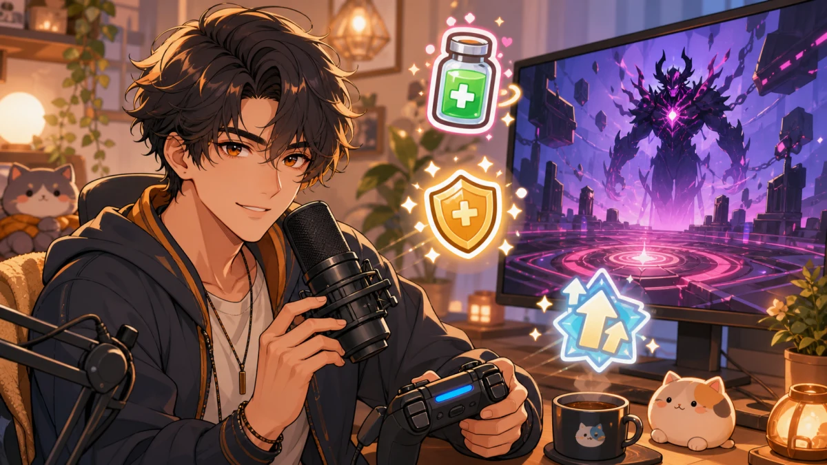 配信机でコントローラーを握り、抽象的なレトロアクション画面に向き合う男性キャラクターのイメージ