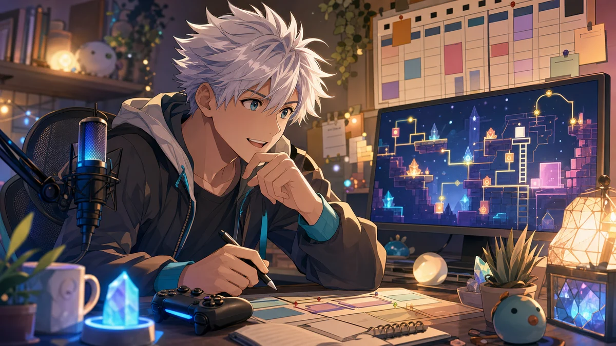 配信部屋でカレンダーと確認メモを前にアーカイブを振り返る男性キャラクターのイメージ