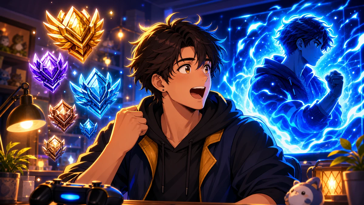 青い光のフォーム演出と抽象的な評価アイコンを前に驚く男性キャラクターのイメージ