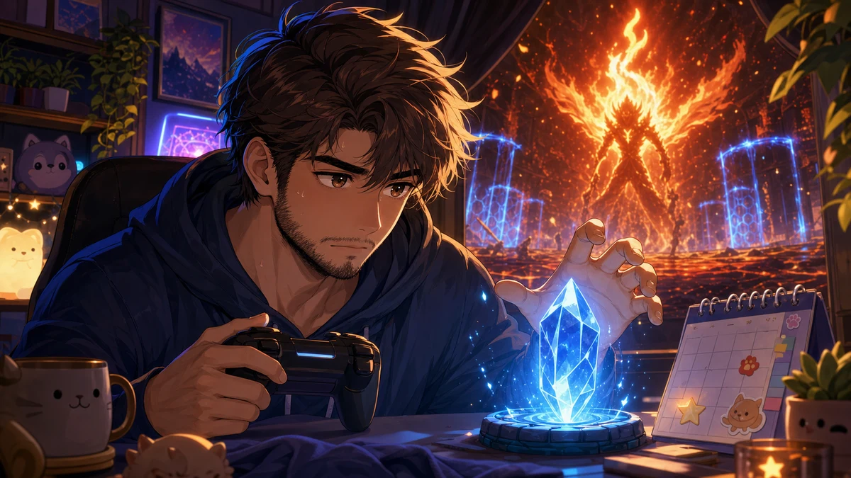 炎の抽象アリーナと青いチェックポイントの光を前に集中する男性キャラクターのイメージ