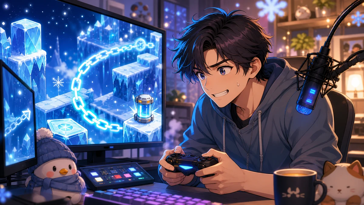 氷の足場と青いチェーンの光を前に、ジャンプのタイミングを測る男性キャラクターのイメージ