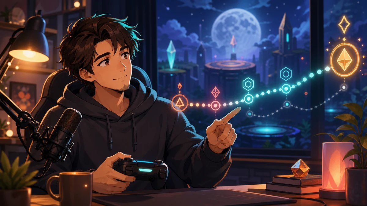 夜の配信部屋でタイムラインとセーブポイントを確認する男性キャラクターのイメージ