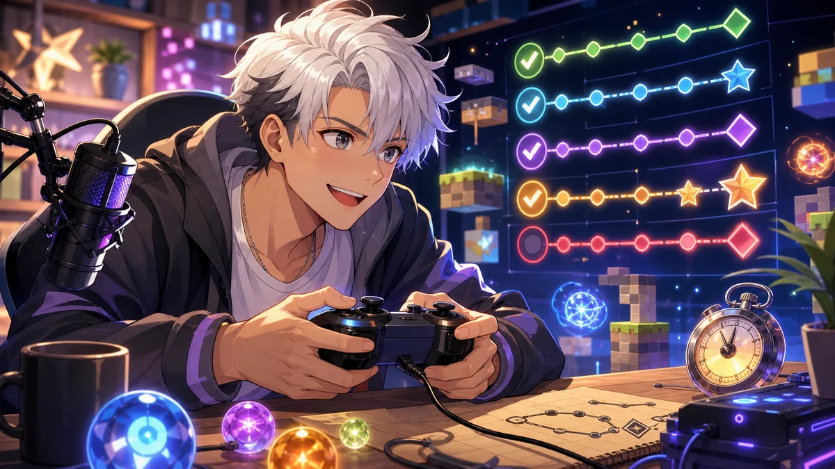 ゲーム配信の机で次の挑戦リストを確認する男性キャラクターのイメージ