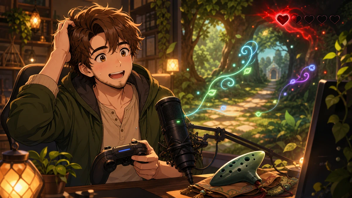 配信デスクでコントローラーを握る男性キャラクターと、緑の森や楽器を思わせる小物のイメージ