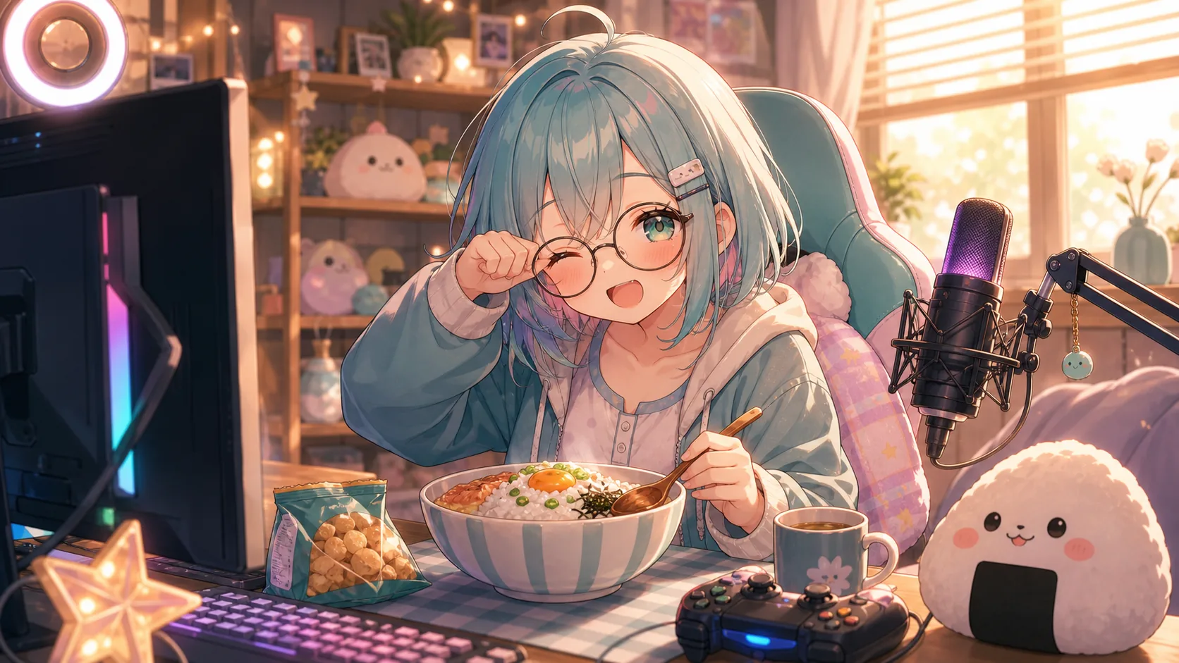 徹夜明けの食卓でゲーム配信の余韻を整理するオリジナルキャラクターのイメージ
