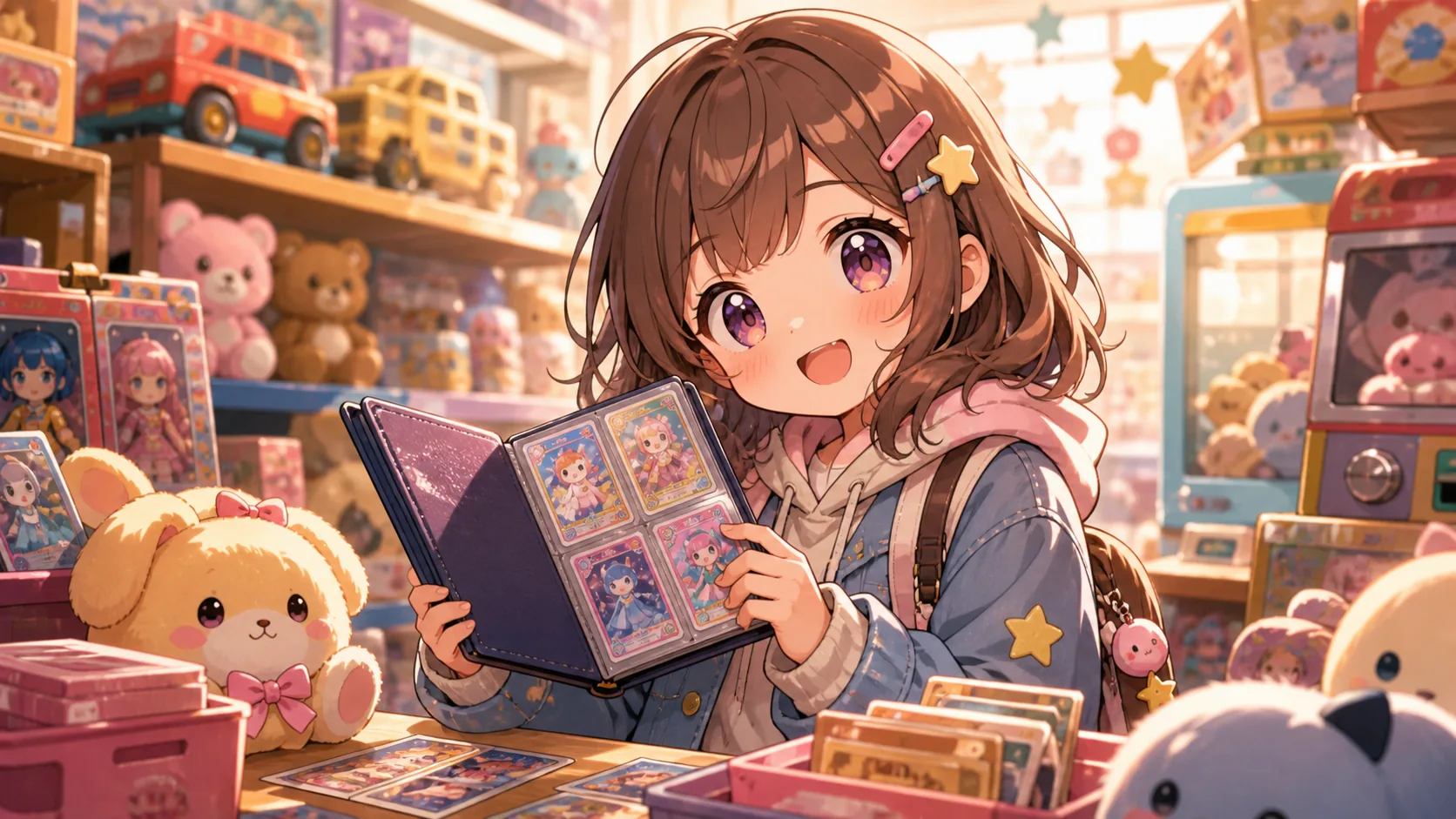 おもちゃ売り場とカードゲームの思い出を明るく振り返るオリジナルキャラクターのイメージ