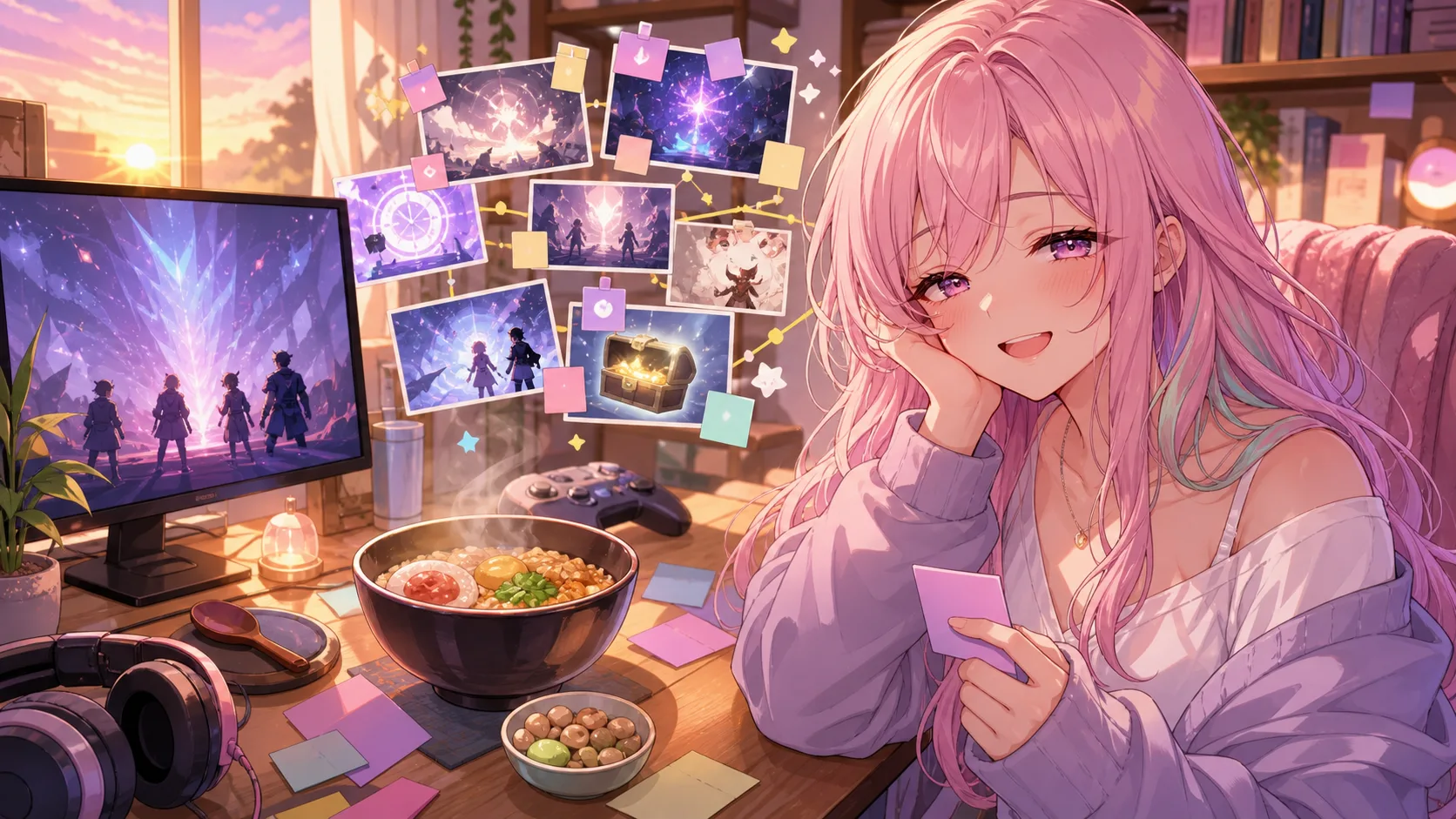 徹夜明けの配信メモと食事を前に雑談の流れを整理するオリジナルキャラクターのイメージ