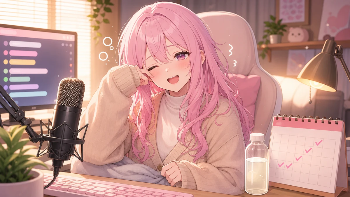 朝の配信部屋で飲み物を持つ人物とカレンダーや配信機材が並ぶイラスト